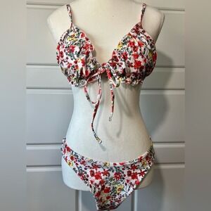 NWOT Zaful Floral Print Tie Front Bikini Ruffle Fringe Swimsuit Beachwear M US 6
